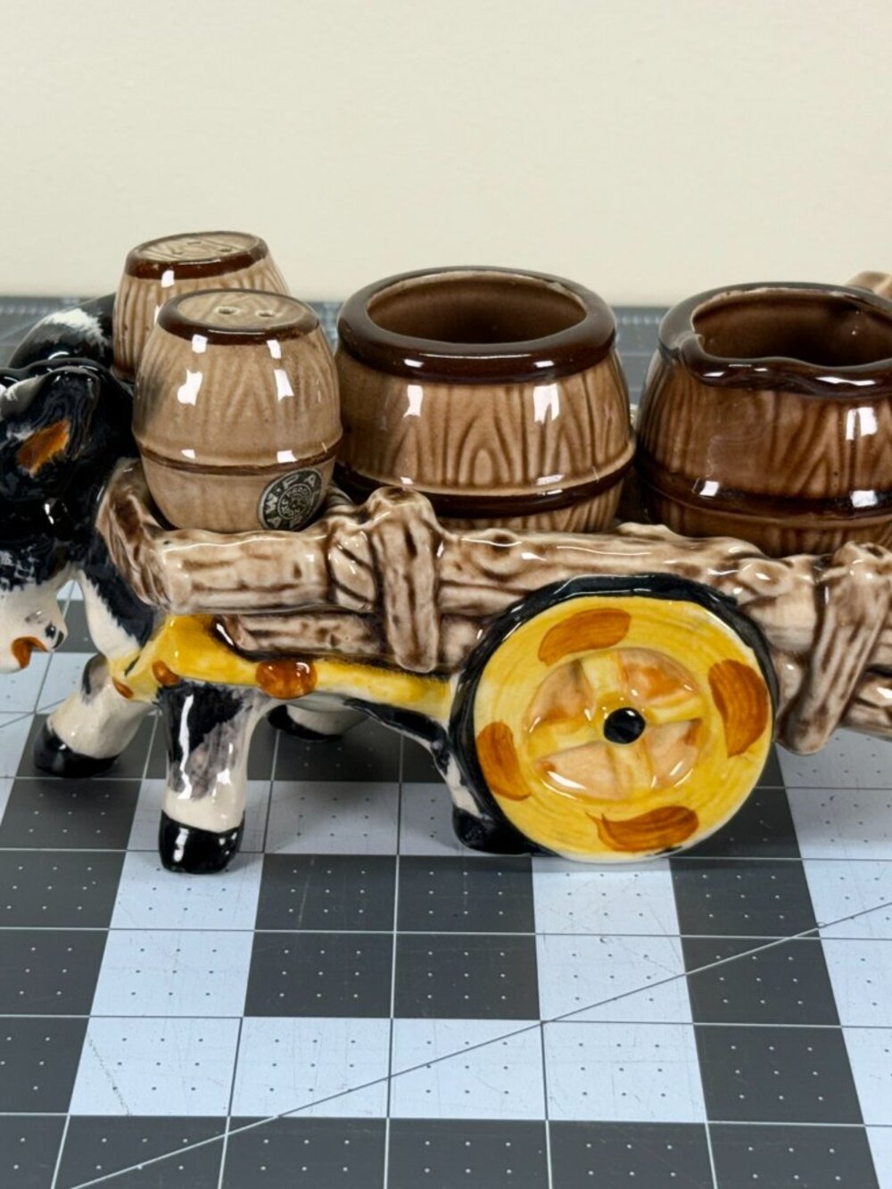 Vintage 1950s Marpro Ceramic Donkey Cart 5pc Breakfast Shaker Creamer Sugar Set